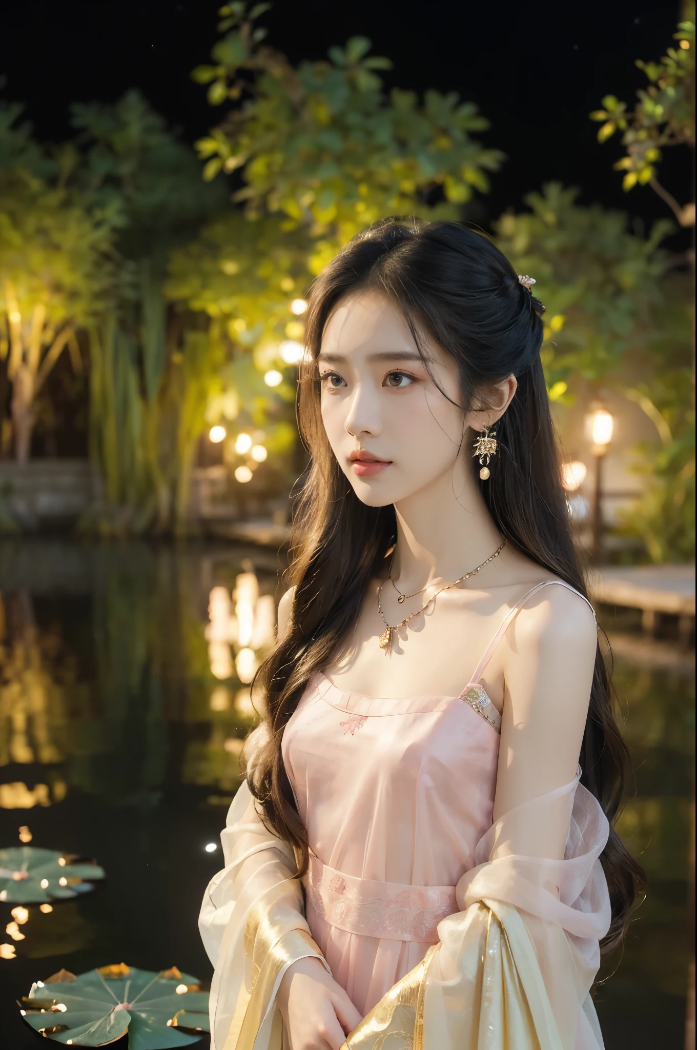 (((best quality))),(((ultra detailed))),(((masterpiece))),illustration,((1 beautiful young  girl,solo)),((slim,thin)),(shoulder length straight hair:1.2),((earrings,necklace)),((small breasts,flat chest)),(see through traditional pink sheer Hanfu dress:1.3),(beside the lotus pond full of lotus flowers:1.3), serene moonlight, ethereal,floral pattern, water movement, billowing fabric, tranquil, moon reflection, petals, fireflies, magical, light,warm light, dreams, invitation, standing, gazing, reflection, inner thoughts, emotional, sweet scent, natural beauty, solitude, hypnotic lull, eternal summer,(night scene:1.3), natural world, human spirit, celebration, backdrop, water, glow,((from front,upper body))
