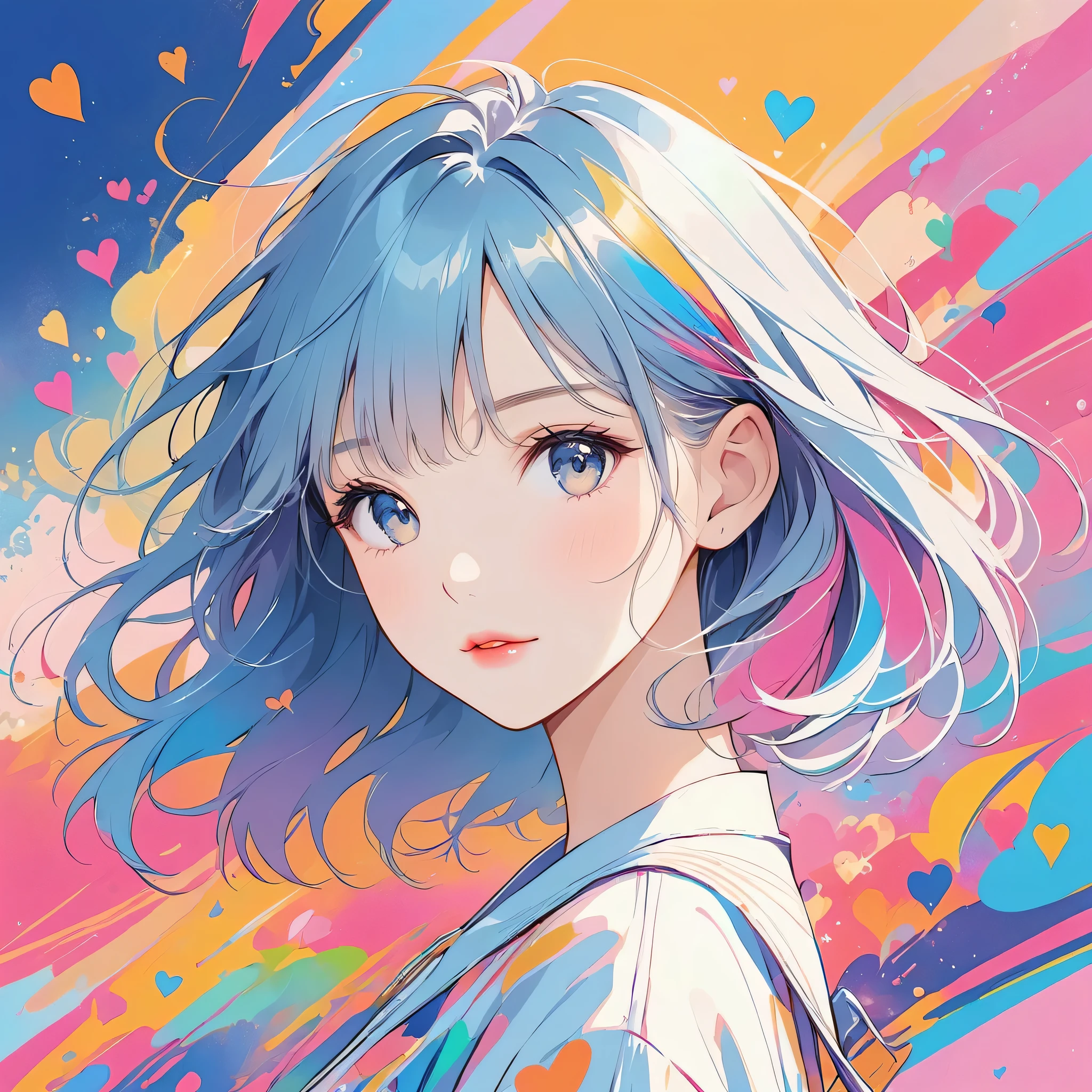 Makoto Shinkai colorful style, Simple Line Initialism,Abstract art,Urban Background, (((The most beautiful girl of all time))), Sweet face. Lips in love, colorful hearts, stylish design