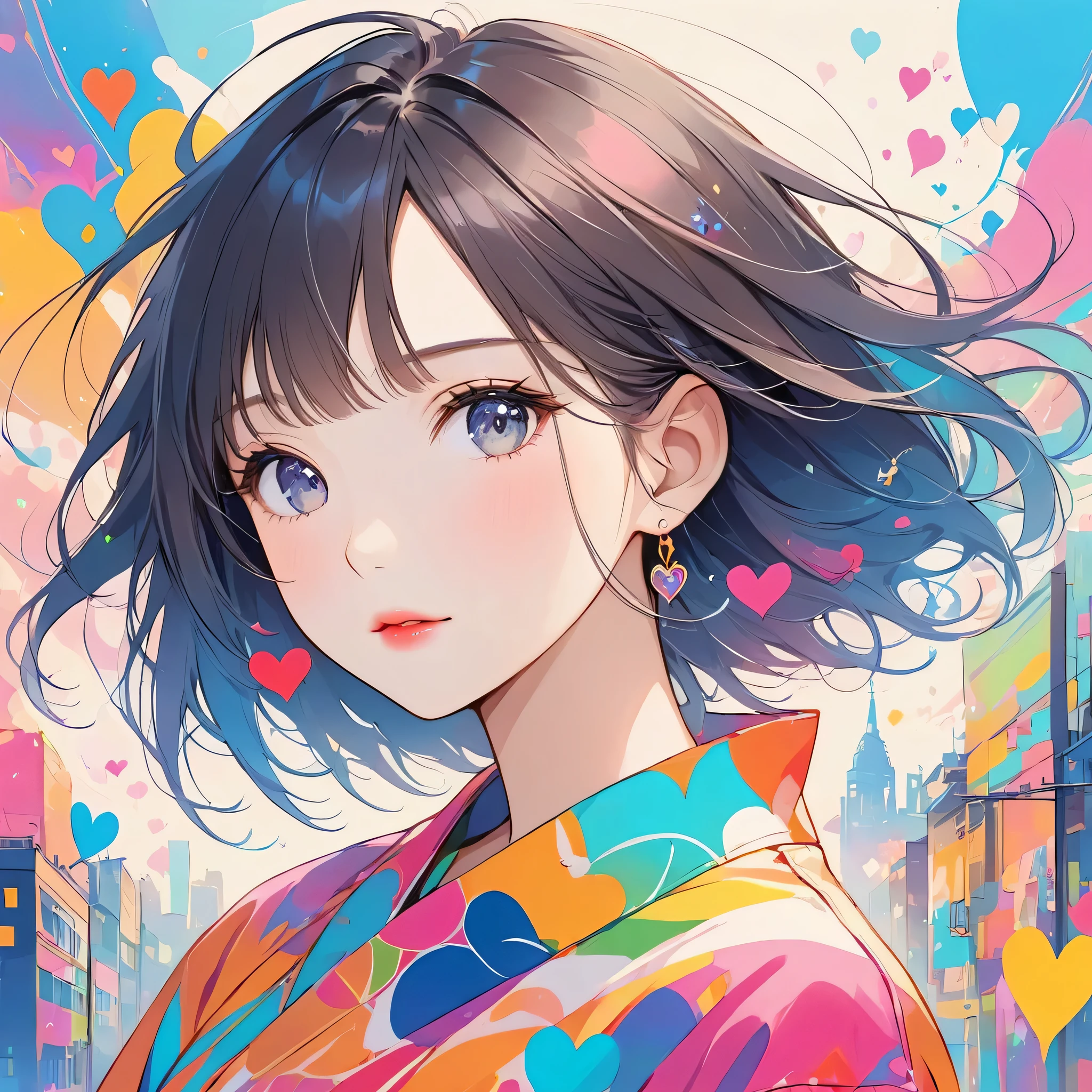 Makoto Shinkai colorful style, Simple Line Initialism,Abstract art,Urban Background, (((The most beautiful girl of all time))), Sweet face. Lips in love, colorful hearts, stylish design