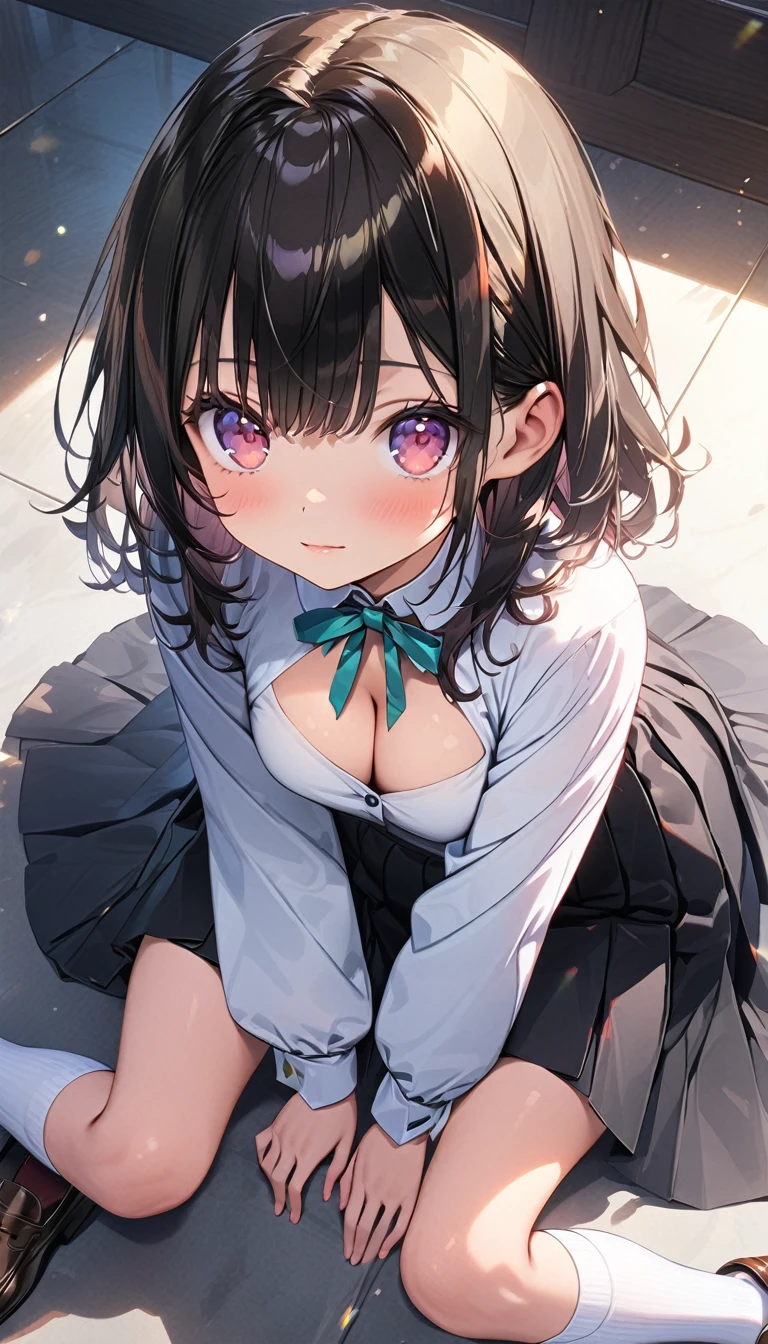(Best quality, 8k, 32k, Masterpiece, UHD,:1.2),RAW, 1girl,ultra cute , natural lighting,transparent shining eyes, 20yo ,fair complexion, ((Extremely detailed CG unified 8k wallpaper)), white shirt、long sleeves、((Removed button))、cleavage、black pleated skirt、((white and black striped panties))、white socks、loafers、sitting, knees up、looking away、Taken from above、