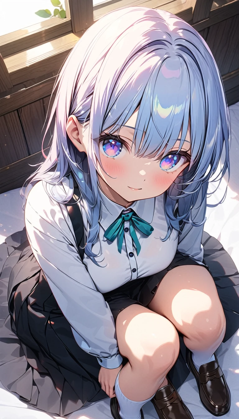 (Best quality, 8k, 32k, Masterpiece, UHD,:1.2),RAW, 1girl,ultra cute , natural lighting,transparent shining eyes, 20yo ,fair complexion, ((Extremely detailed CG unified 8k wallpaper)), white shirt、long sleeves、((Removed button))、cleavage、black pleated skirt、((white and black striped panties))、white socks、loafers、sitting, knees up、looking away、Taken from above、