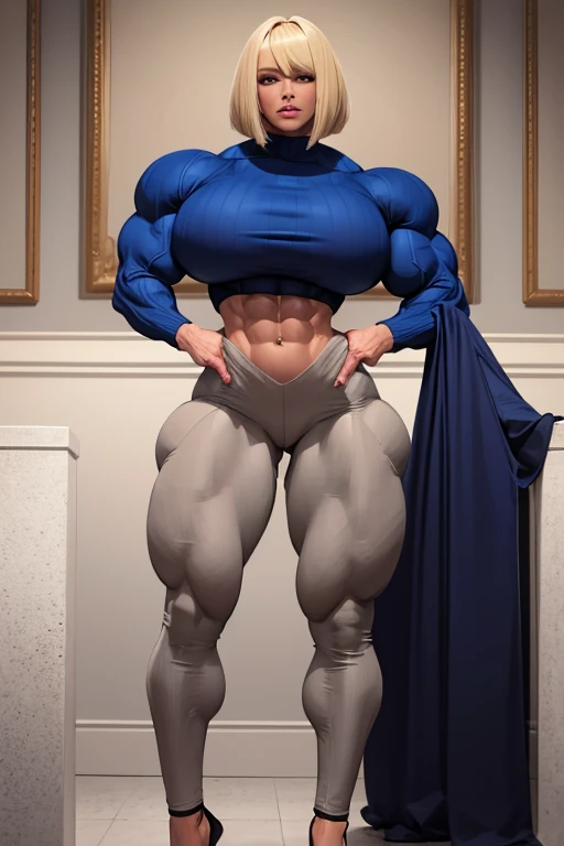 coloured sketch, beautiful woman, blonde bob haircut, turtleneck sweater, long baggy pants, strong well defined muscle, bulky powerful bodybuilder physique, massive muscular arms, perfect and flawless musculature, great muscle definition, perfect muscular body, massive muscular thighs, female muscle juggernaut