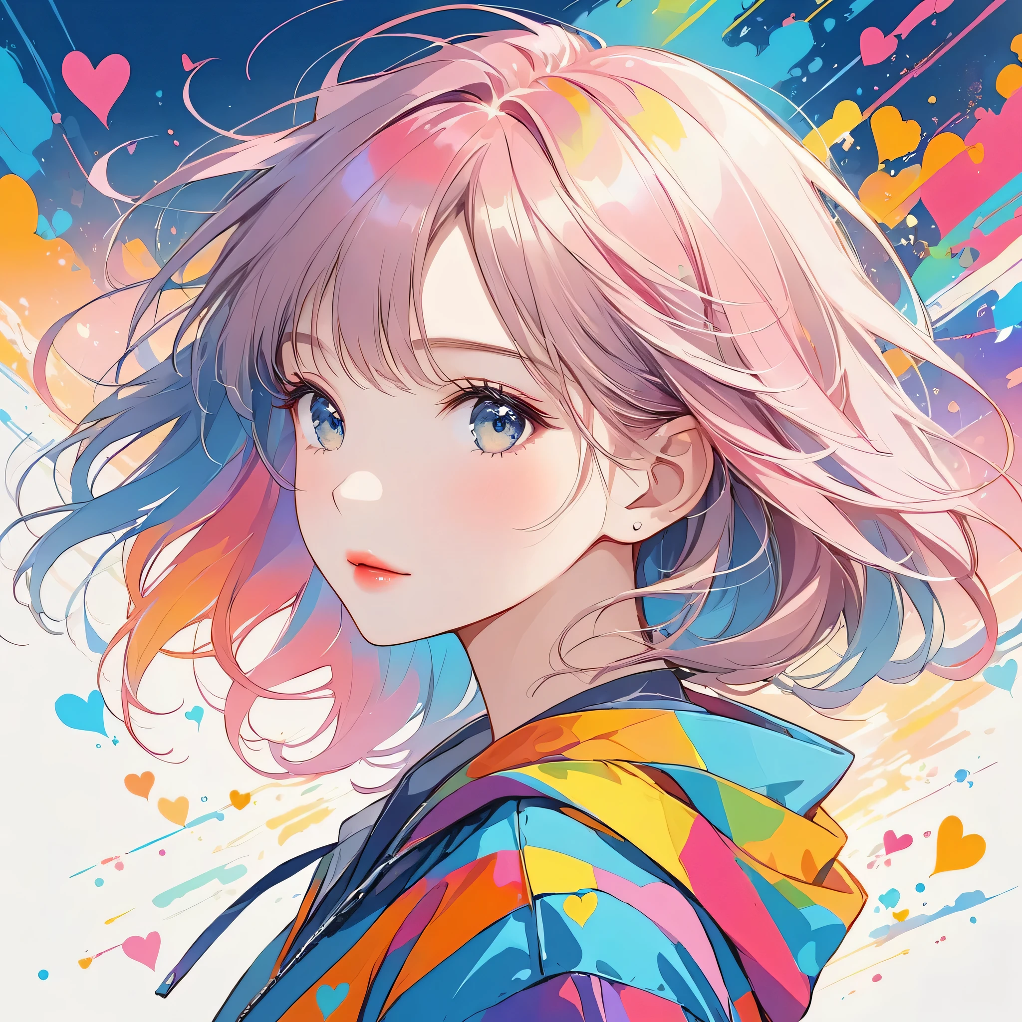 Makoto Shinkai colorful style, Simple Line Initialism,Abstract art,Urban Background, (((The most beautiful girl of all time))), Sweet face. Lips in love, colorful hearts, stylish design