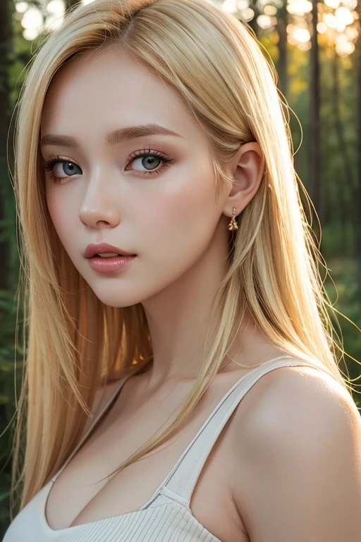 Close-up portrait, Sexy SS Blonde, parted lips, lips, Casual Dresses, View your audience, Forest Background, Sunset Light, Realistic