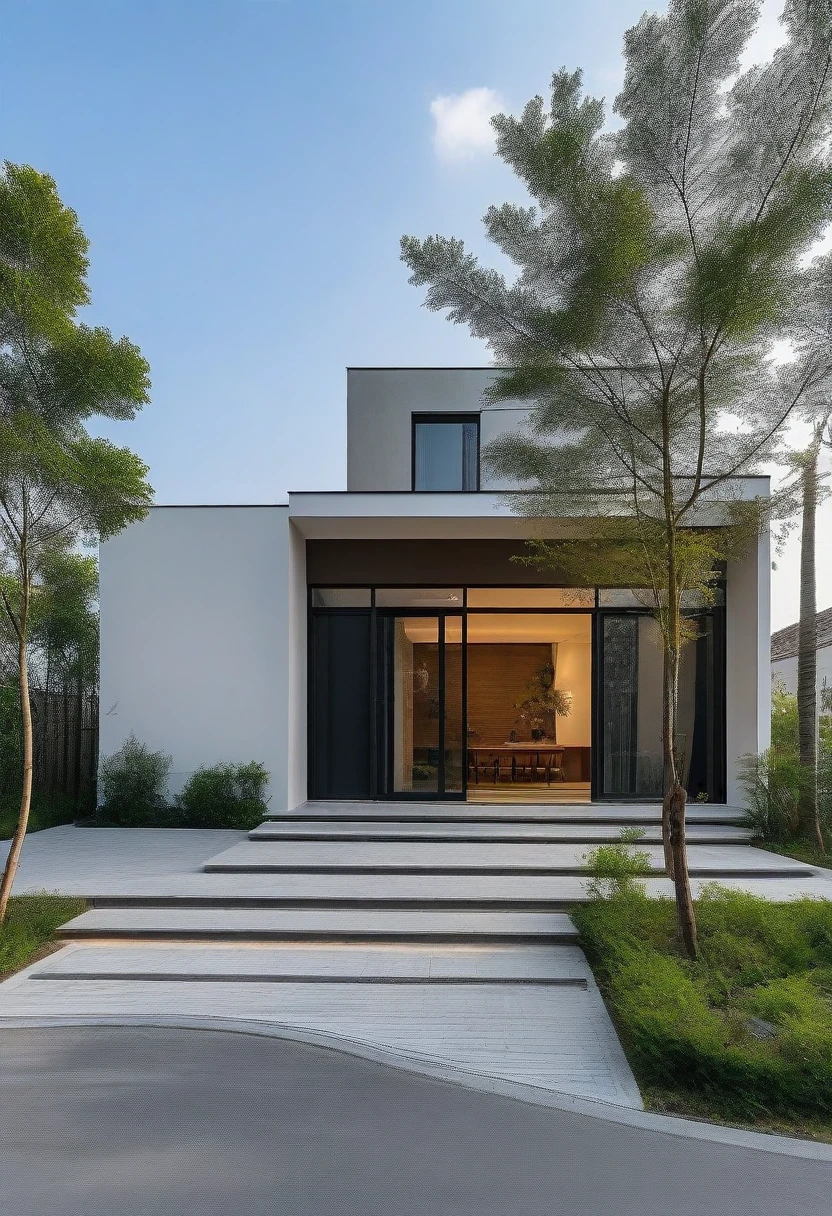 CRU photo,work of art, high qualiy, best qualityer, authentic, super detaill, plein-air, single storey villaXL, aiai group, modern house style on the street ,staircase, white wall road, pavement, gram, Trees, sky, nube, (Day Light:1.1)