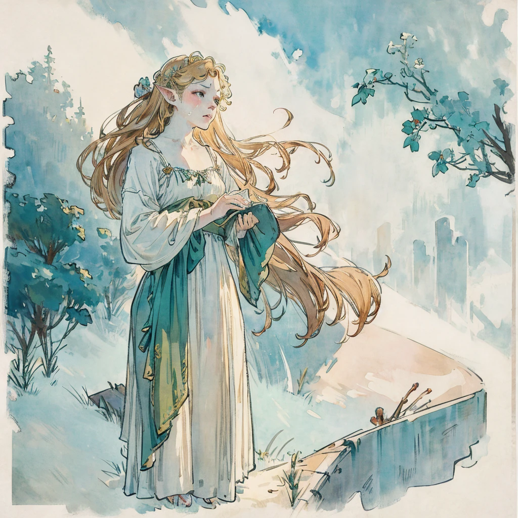 SFW,masutepiece, Best Quality, High resolution, 3girl in, Full body, Details Girl, detail hands, Detail fingers, Detail Face, detail legs, 3girl in, elf, Looking down, watercolor paiting, pale skin, Petite, Blonde hair, Long hair, Wavy Hair, saddened, mournful cry, Green eyes, tareme, medium breasts, white sundress, Bare back,girl apologize,sorry,in graveyard