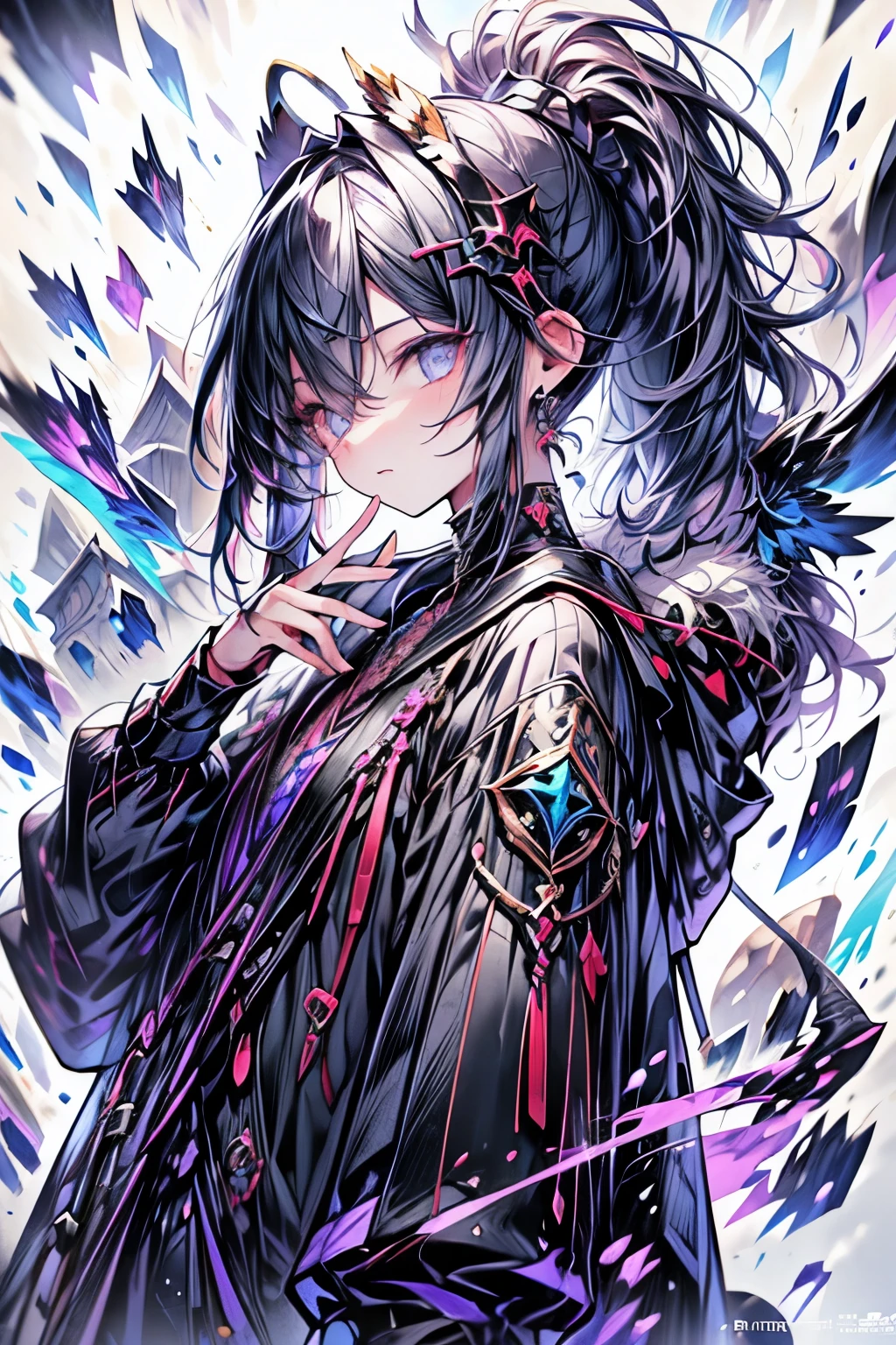 High resolution, masterpiece, Highest quality, One boy、Only one person、Embarrassed、Purple Hair、Inner colorlight blue、Gradient color hairstyle, Diagonal bangs, Asymmetrical bangs, short hair、Asymmetrical Short、slacks、Wear warm clothes、Odd Eye、Attractive eyes、20-year-old、adult、headphone、music、magic、fallen Angel、Fantasy