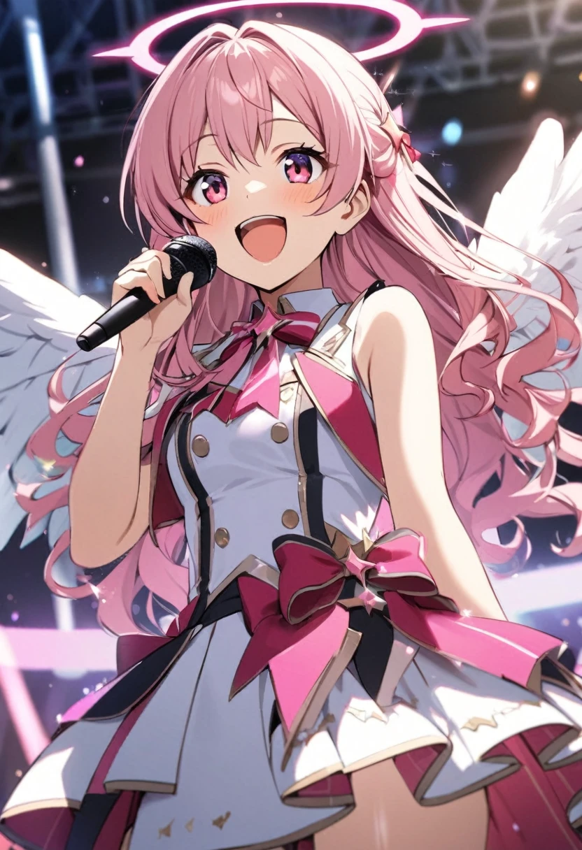 high quality, detailed, 1girl, angel, angel wing, halo, idol costume, 18 years old, pink long wavy hair, red purple eyes, smile, open mouth, singing, on the stage, put one hand up, holding microphone