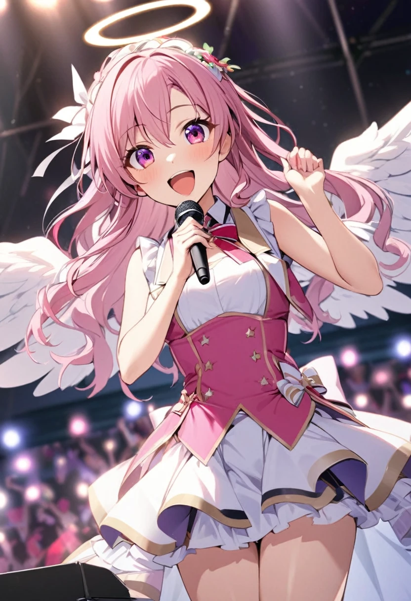 high quality, detailed, 1girl, angel, angel wing, halo, idol costume, 18 years old, pink long wavy hair, red purple eyes, smile, open mouth, singing, on the stage, put one hand up, holding microphone