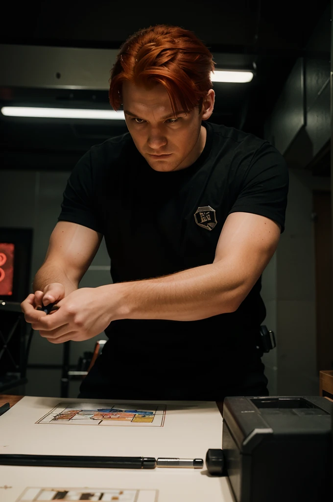 Create amazing hand drawn art that depicts the Special Agent and the Hacker theme: A Dangerous Game with a red-haired woman and a man with short hair