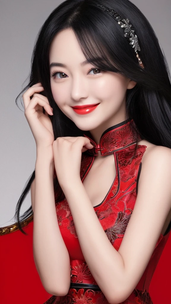 Beautiful face like an actress smile China dress Black hair inner red