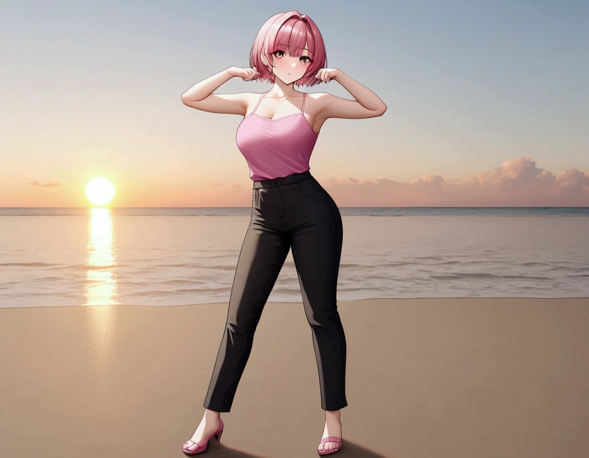 masterpiece of animation, a beauty thai girl 21yrs short bob hairstyles, Turn face to left sideways, wear pink sleeveless clothes and black pants, standing fashion pose, on the beach, high detail, unreal engine5
