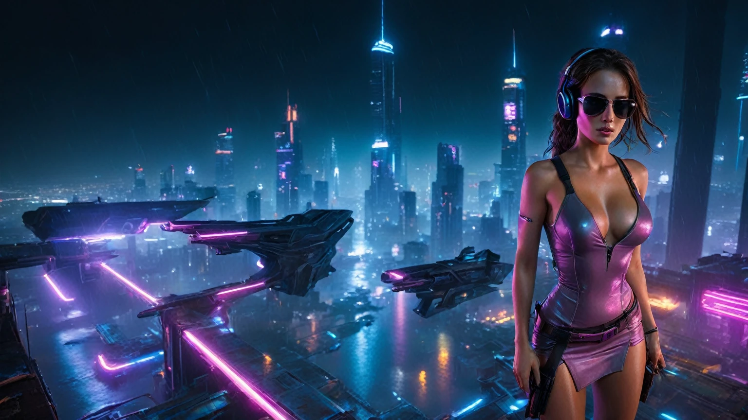 (aerial view, a flying cars docking platform, a very dark abandoned futuristic city, neon lights), rainy night. A girl as Lara Croft, solo, alone, large-breast:1.2 slim body, cleavage:1.1, sexy wind blowing wet dress:1.4, (headphone, black sunglasses), (((((she raised:1.8 a pistol:1.8 and took aim at viewer))))), dynamic pose, (((half-body thigh level medium shot))), cinematic lighting, lens flare, ray tracing.
