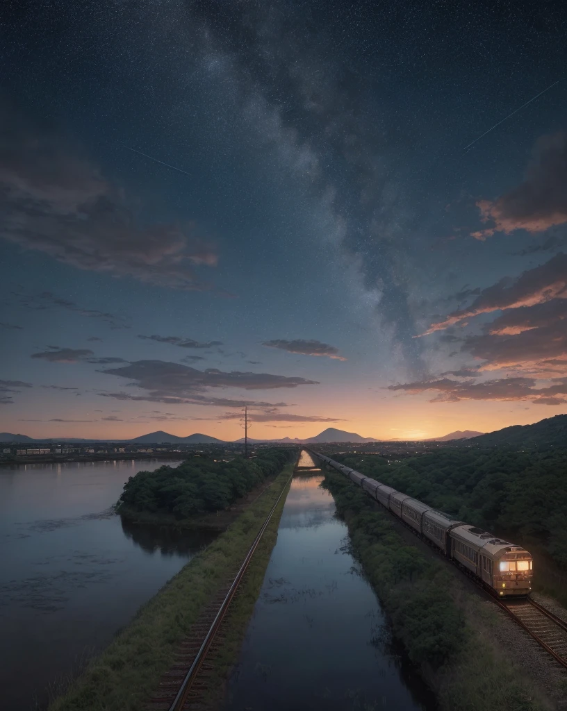 High quality masterpieces, landscapes, clouds, anime train passing water bodies on railway tracks in the distance, bright starry sky. traveler, romantic lights, pixiv, concept art, lofi art style, reflection. Makoto Shinkai, rophy art, beautiful anime scenes, anime scenery, detailed scenery — width 672, Makoto Shinkai's style, Makoto Shinkai's style, enhanced details.  