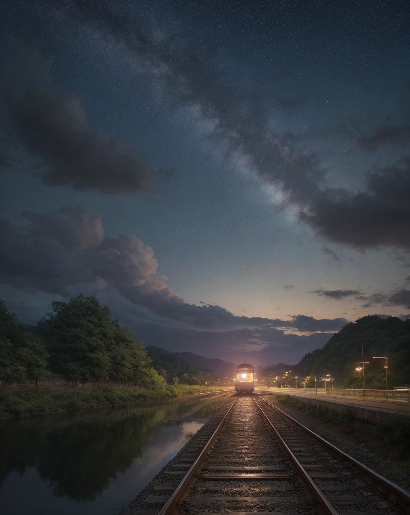 High quality masterpieces, landscapes, clouds, anime train passing water bodies on railway tracks in the distance, bright starry sky. traveler, romantic lights, pixiv, concept art, lofi art style, reflection. Makoto Shinkai, rophy art, beautiful anime scenes, anime scenery, detailed scenery — width 672, Makoto Shinkai's style, Makoto Shinkai's style, enhanced details.