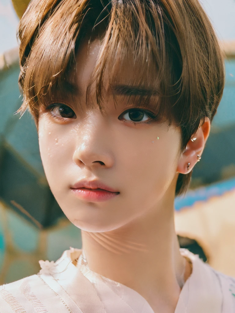 a beautiful young boy, ( Japanese boy ), wavy brown hair, detailed skin, (20 years old), (skin details, natural skin, skin pore), big blue eyes, cute round face, kawaii sugar baby face, natural lighting, id photo, top shot, close up photo, (best resolution, high resolution ,masterpiece:1.2),ultra-detailed, dramatic light ,cinematic ,highly detailed portrait,