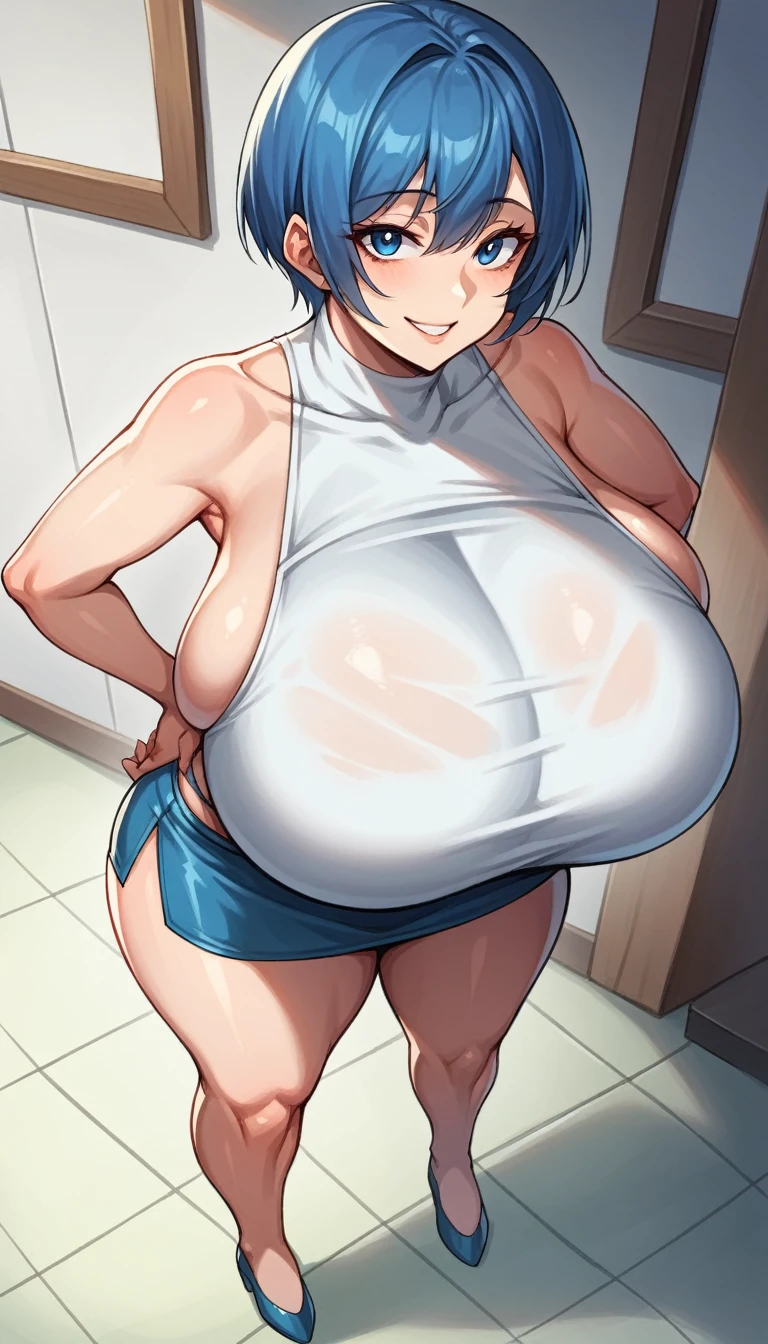 score_9, score_8_above, score_7_above, score_6_above, milf, {{Ultra gigantic breasts}}, Wide hips, curves, straight hair, short hair, by rubio, blue eyes, White shirt, sleeveless shirt, under the chest, mental shorts microskirt, inside, standing, looking at the viewer, smile, full body view