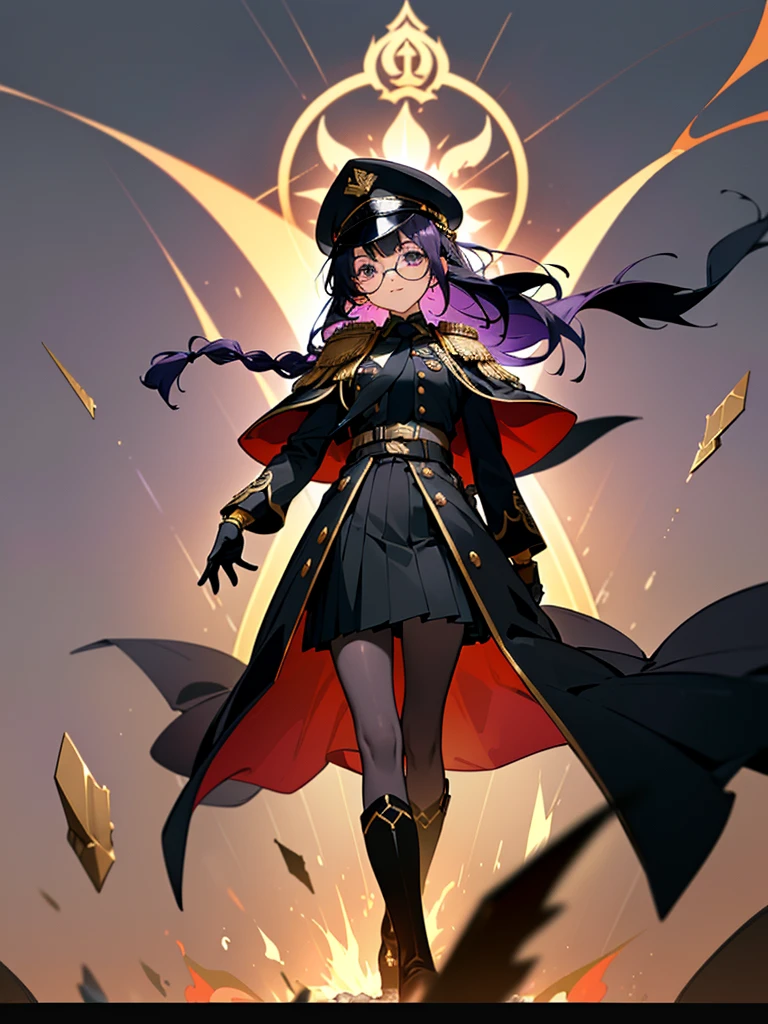 realisitic, City Deserted, Pile of rubble, Brick building, a one woman (18 years old, far away blackw hair, far away slits, Eyes red, glare eyes, 精致的面容, standing (In floor, feet shoulder-width apart), Lolita style military uniform (blackw base, Red Insert, golden decoration, volantes, wide sleeves, dainty and delicate detailing armors), blackw far away gloves (blackw, Red Insert, golden decoration, small hands, armors), blackw far away gloves, knee high boots (blackw, high-heels, red soles), ha (blackw, aba dourada, shield emblem, delicate details), arms in front, Front of belly, Holding military swords with both hands (blackw, golden decoration, delicate detail, Handle at the top, Ground-facing blade, in front of the body, far away), night sky (blackw, stele, Increased flames and smoke) Pale painting style, One Girl, super high quality, Super Detail, Super Detailed image, long hair, looking at viewer, skirt, shirt, hair ornament, violet eyes, gloves, round glasses, long sleeves, hat, closed mouth, jacket, violet hair, braid, open clothes, necktie, black gloves, black skirt, uniform, single braid, open jacket, black jacket, black headwear, 手链, peaked cap, black necktie, cropped jacket, military hat, pantyhose, Flat Chest, smile, Black Cape