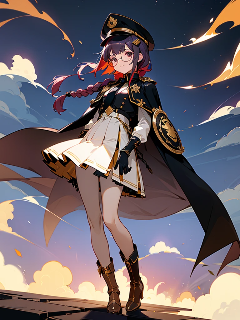 realisitic, City Deserted, Pile of rubble, Brick building, a one woman (18 years old, far away blackw hair, far away slits, Eyes red, glare eyes, 精致的面容, standing (In floor, feet shoulder-width apart), Lolita style military uniform (blackw base, Red Insert, golden decoration, volantes, wide sleeves, dainty and delicate detailing armors), blackw far away gloves (blackw, Red Insert, golden decoration, small hands, armors), blackw far away gloves, knee high boots (blackw, high-heels, red soles), ha (blackw, aba dourada, shield emblem, delicate details), arms in front, Front of belly, Holding military swords with both hands (blackw, golden decoration, delicate detail, Handle at the top, Ground-facing blade, in front of the body, far away), night sky (blackw, stele, Increased flames and smoke) Pale painting style, One Girl, super high quality, Super Detail, Super Detailed image, long hair, looking at viewer, skirt, shirt, hair ornament, violet eyes, gloves, round glasses, long sleeves, hat, closed mouth, jacket, violet hair, braid, open clothes, necktie, black gloves, black skirt, uniform, single braid, open jacket, black jacket, black headwear, 手链, peaked cap, black necktie, cropped jacket, military hat, pantyhose, Flat Chest, smile, Black Cape