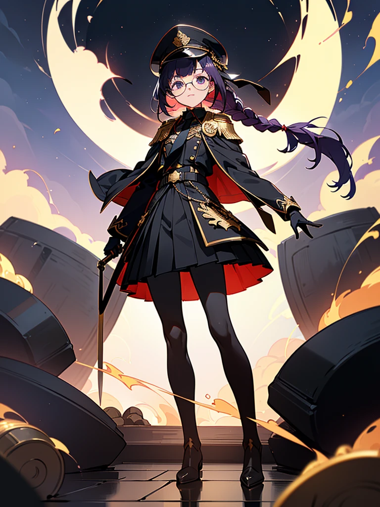 realisitic, City Deserted, Pile of rubble, Brick building, a one woman (18 years old, far away blackw hair, far away slits, Eyes red, glare eyes, 精致的面容, standing (In floor, feet shoulder-width apart), Lolita style military uniform (blackw base, Red Insert, golden decoration, volantes, wide sleeves, dainty and delicate detailing armors), blackw far away gloves (blackw, Red Insert, golden decoration, small hands, armors), blackw far away gloves, knee high boots (blackw, high-heels, red soles), ha (blackw, aba dourada, shield emblem, delicate details), arms in front, Front of belly, Holding military swords with both hands (blackw, golden decoration, delicate detail, Handle at the top, Ground-facing blade, in front of the body, far away), night sky (blackw, stele, Increased flames and smoke) Pale painting style, One Girl, super high quality, Super Detail, Super Detailed image, long hair, looking at viewer, skirt, shirt, hair ornament, violet eyes, gloves, round glasses, long sleeves, hat, closed mouth, jacket, violet hair, braid, open clothes, necktie, black gloves, black skirt, uniform, single braid, open jacket, black jacket, black headwear, 手链, peaked cap, black necktie, cropped jacket, military hat, pantyhose, Flat Chest, smile, Black Cape