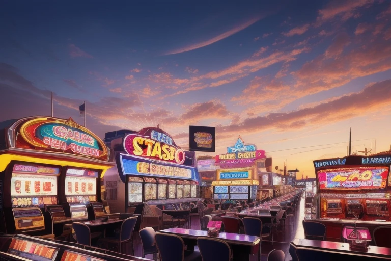 Realistic photos of (1 cute Korean star) Tie your hair, Put on some makeup, Medium chest size, smile a little, crop top, in the boat, sunset light, hatching (Texture), Emphasis line, Mixing, Ray Tracing, UHD, Highly detailed, 16ก(The background is a modern casino and slot machines, a modern PG company.)