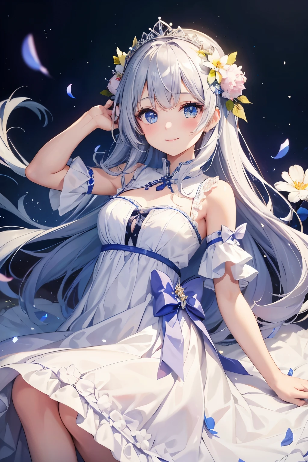 One girl in a white dress。smile。The hem of the dress is decorated with colorful flowers.。The girl is wearing a gorgeous silver tiara on her head.。