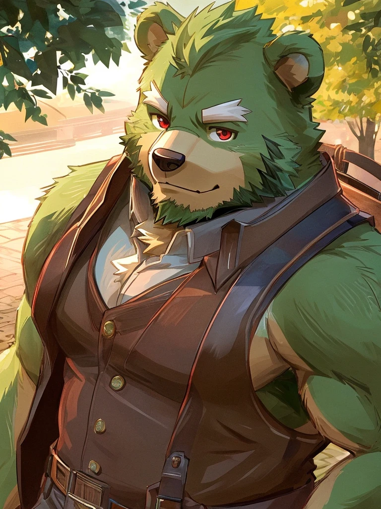 anthro, kemono, male, solo,  (((green bear))), (((green fur))), green hair, beard, white eyebrows, mature, sketch drawing, cowboy shot, solo, Perfect red eyes, Cool Pose, Charming, Handsome, Good Looking, Park Background.