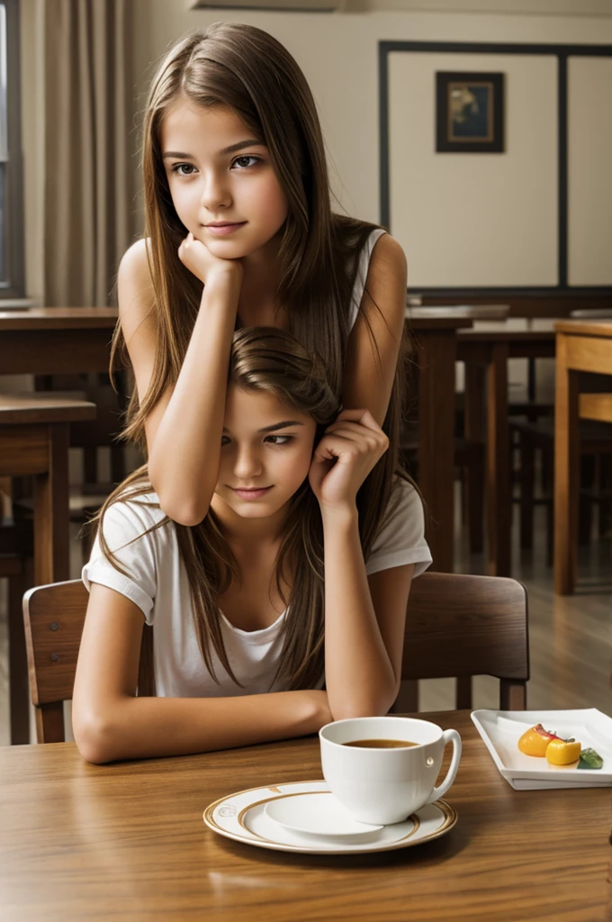 Beautiful ,realistic looking age girl 16k resolution, sitting in table