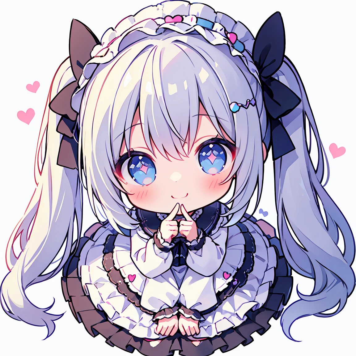 masterpiece, Highest quality, Highest Resolution、One Girl、from above, Looking up、full body、pastel colour、Gothic Lolita、Heart with fingers、Cute Dresses、Sparkling eyes、A smile that will captivate you、White background、Very long twin tails、Sitting、Looking at me、