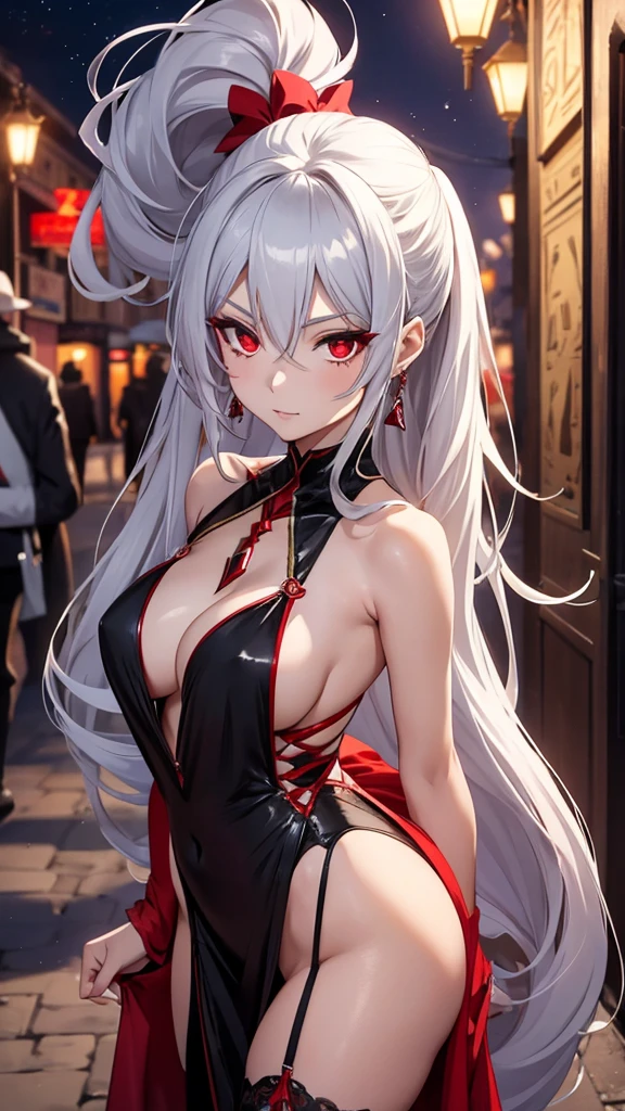 A anime mature woman with long ponytail silver,she is a vampire,she had a red eye,she wearing a red dancer egyptian dress,she was dancing,scenery is fancy festival at night behind her
