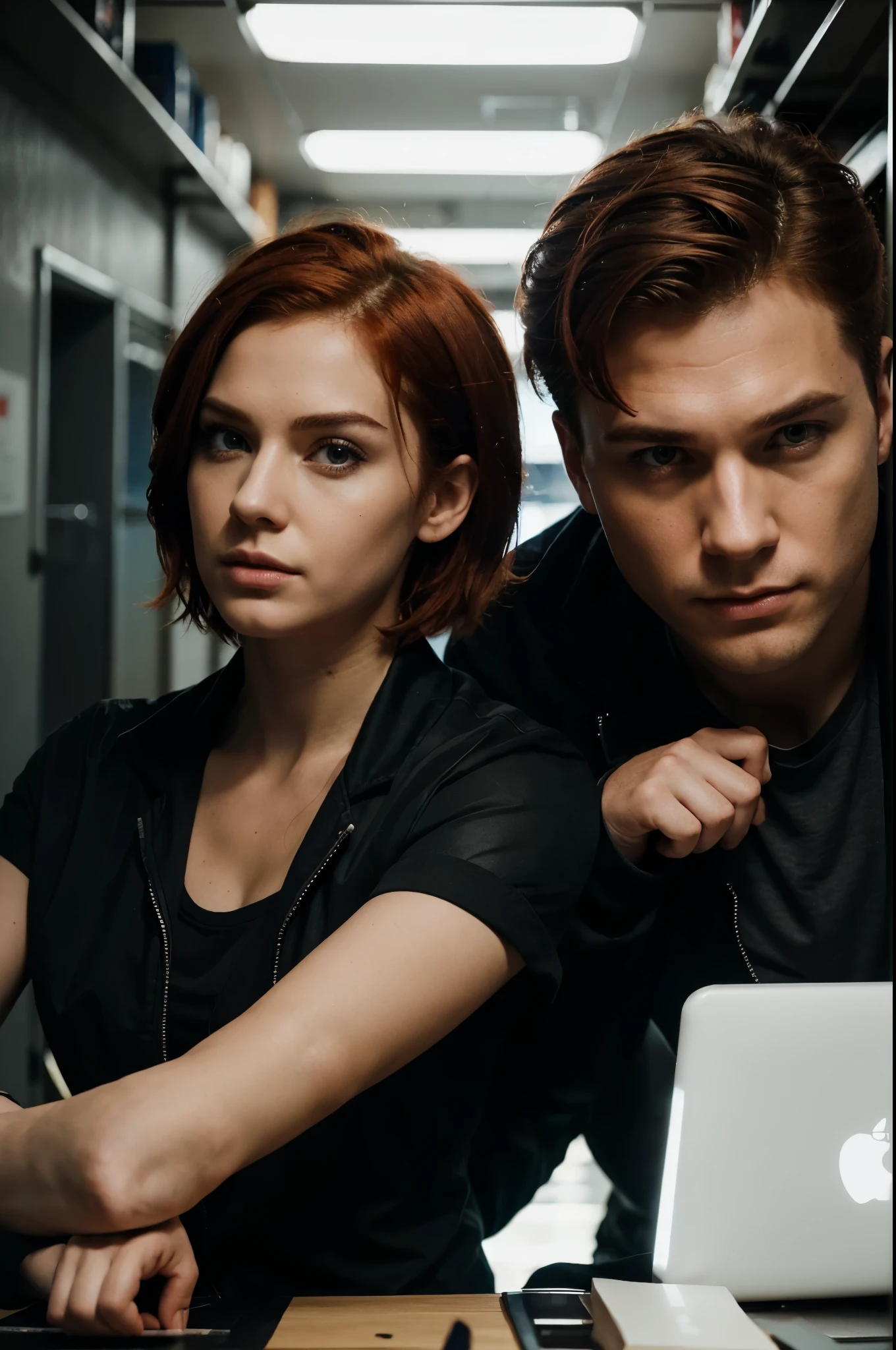Create amazing hand drawn art that depicts the Special Agent and the Hacker theme: A Dangerous Game with a red-haired woman and a man with short hair