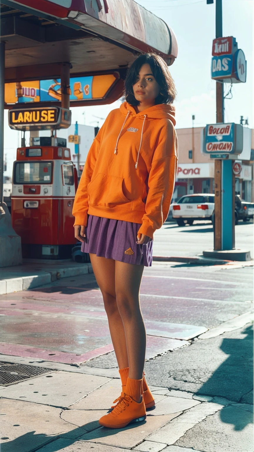  photo cinematic photograph long shot portraits by Wes Anderson, cute 23 yo girl ,fokus, bokeh ,wear ((orange oversized_hoodie)), wear ((purple tennis skirt)),looking front,Best Quality,Masterpiece,Ultra High Resolution,(Realisticity:1.4),Original Photo, 1Girl, light leak,ultra high resolution,UHD,beautiful, (black bob hair), almond eye, no makeup, in front of ((80's colorful los angles gas station)), (realistic:1.2), (surreal:1.3), (very detailed:1.1), ((masterpiece)),summer, blue sky, palm trees,sunny, los angles vibes,film camera, 800mm lens,style of Philip Lorca diCorcia