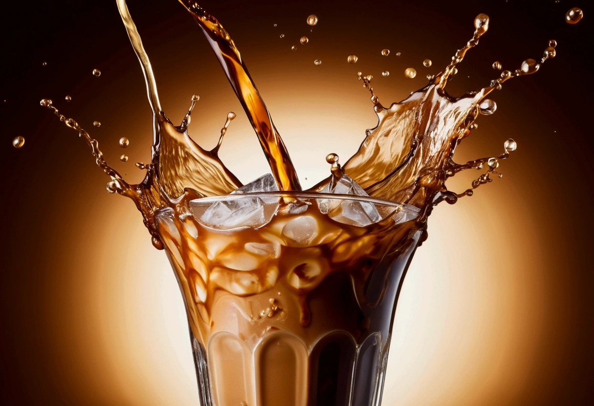 a picture of ice coffee, coffee splashing in the elegant luxury color background like in a commercial, everything in focus
