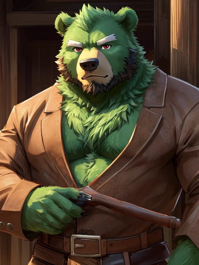anthro, kemono, male, solo, (((green bear))), (((green fur))), green hair, beard, white eyebrows, mature, sketch drawing, cowboy shot, solo, Perfect red eyes, Cool Pose, Charming, Handsome, Good Looking, Bear,furry,masterpiece,best quality,strong body,abdomen,Gloomy expression,wearing a butcher's apron,Holding a bloody butcher knife,simple background,Soft light and shadow,Bloody kitchen,stumps on table,The characters are anime style