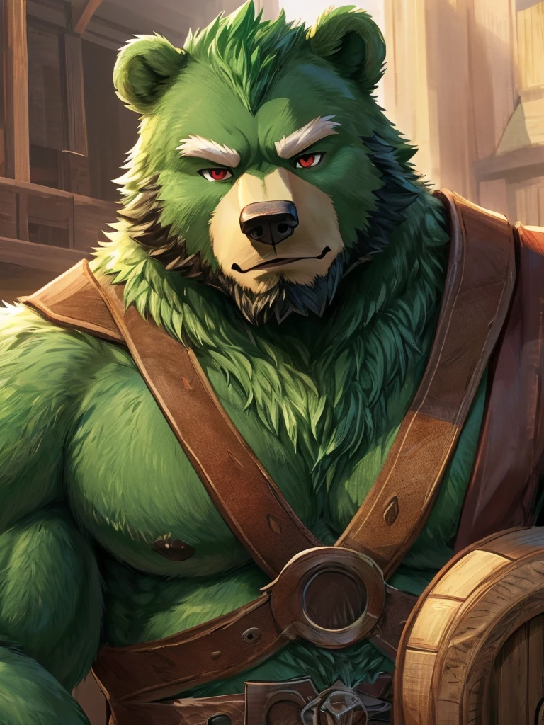 anthro, kemono, male, solo,  (((green bear))), (((green fur))), green hair, beard, white eyebrows, mature, sketch drawing, cowboy shot, solo, Perfect red eyes, Cool Pose, Charming, Handsome, Good Looking, Bear，furry，masterpiece，best quality，strong body，abdomen，Gloomy expression，wearing a butcher&#39;s apron，Holding a bloody butcher knife，simple background，Soft light and shadow，Bloody kitchen，stumps on table，The characters are anime style