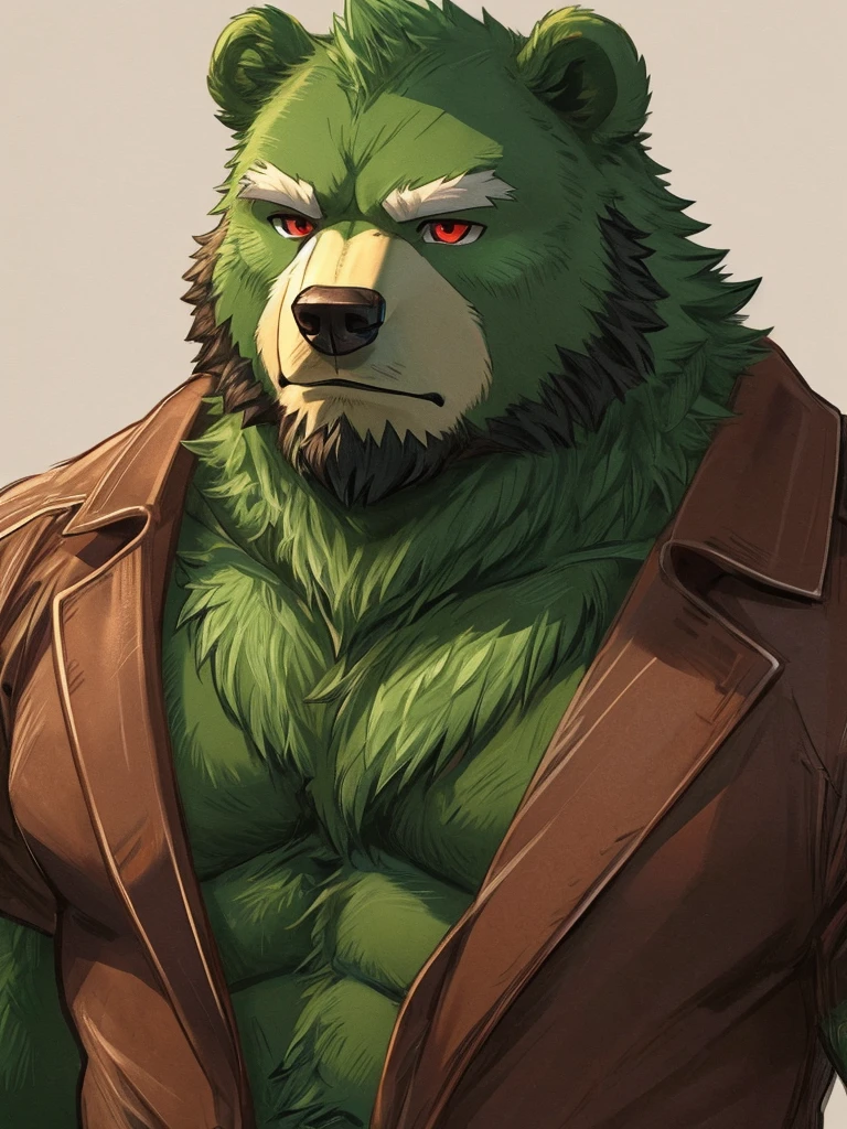 anthro, kemono, male, solo, (((green bear))), (((green fur))), green hair, beard, white eyebrows, mature, sketch drawing, cowboy shot, solo, Perfect red eyes, Cool Pose, Charming, Handsome, Good Looking, Bear,furry,masterpiece,best quality,strong body,abdomen,Gloomy expression,wearing a butcher's apron,Holding a bloody butcher knife,simple background,Soft light and shadow,Bloody kitchen,stumps on table,The characters are anime style