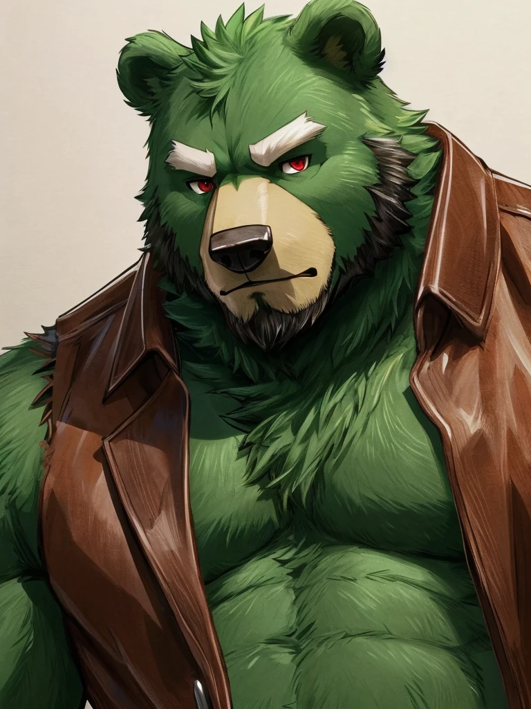 anthro, kemono, male, solo, (((green bear))), (((green fur))), green hair, beard, white eyebrows, mature, sketch drawing, cowboy shot, solo, Perfect red eyes, Cool Pose, Charming, Handsome, Good Looking, Bear,furry,masterpiece,best quality,strong body,abdomen,Gloomy expression,wearing a butcher's apron,Holding a bloody butcher knife,simple background,Soft light and shadow,Bloody kitchen,stumps on table,The characters are anime style