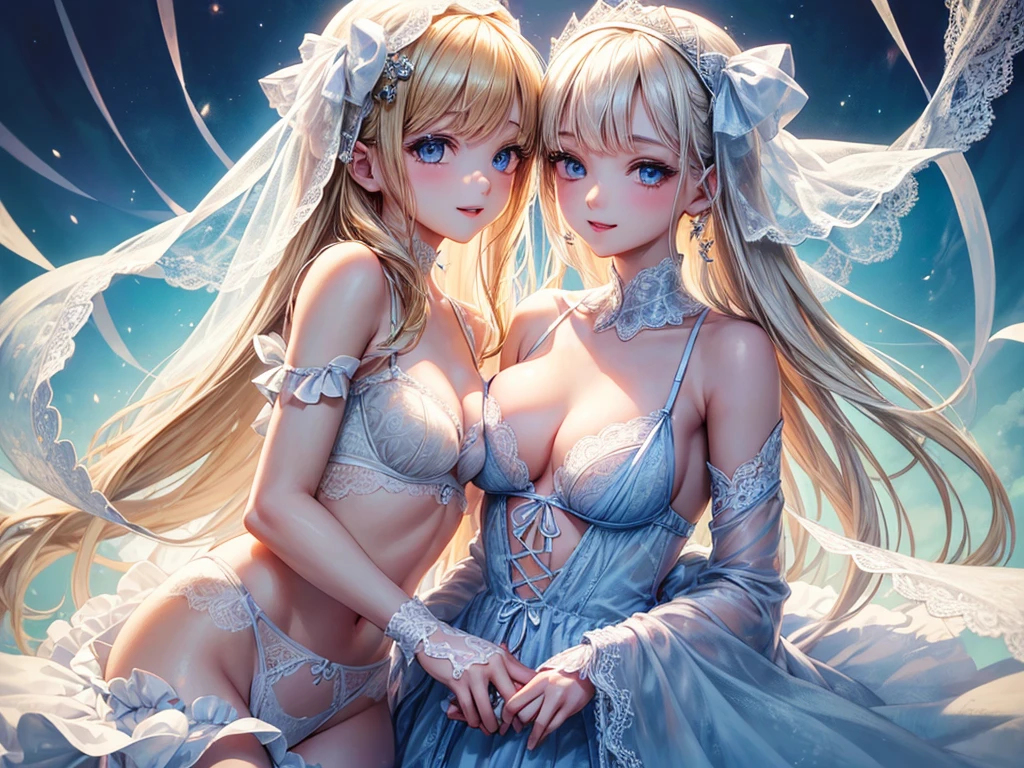 Anime Girls, Anime Style 4 k, Digital anime illustration, digital anime art, Anime Style. 8k, Anime Moe Art Style, anime art wallpaper 4k, anime art wallpaper 4k, Anime Style illustration, Smooth anime CG art, detailed digital anime art, Anime Art Wallpapers 8K, Realistic Anime 3D Style、One girl, lingerie、Sheer white underwear、blondes、Blushing, blue eyes, Nipple erection、Sensual facial expression、Large Breasts,((See-through underwear))、