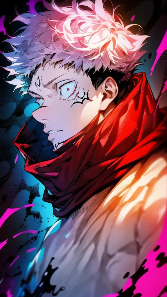 a male character named "ROYAMEN SUKUNA" in. "Jujutsu Kaisen" story series, has short, dry, pink hair, is dressed in a black hoodie with a red hoodie, has a tattoo on the face that resembles black abstract lines, and a curved tattoo on the wrist down to the chin with 4K HDR photo resolution, ANIME ,