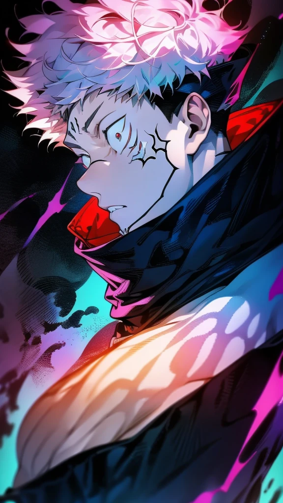 a male character named "ROYAMEN SUKUNA" in. "Jujutsu Kaisen" story series, has short, dry, pink hair, is dressed in a black hoodie with a red hoodie, has a tattoo on the face that resembles black abstract lines, and a curved tattoo on the wrist down to the chin with 4K HDR photo resolution, ANIME ,