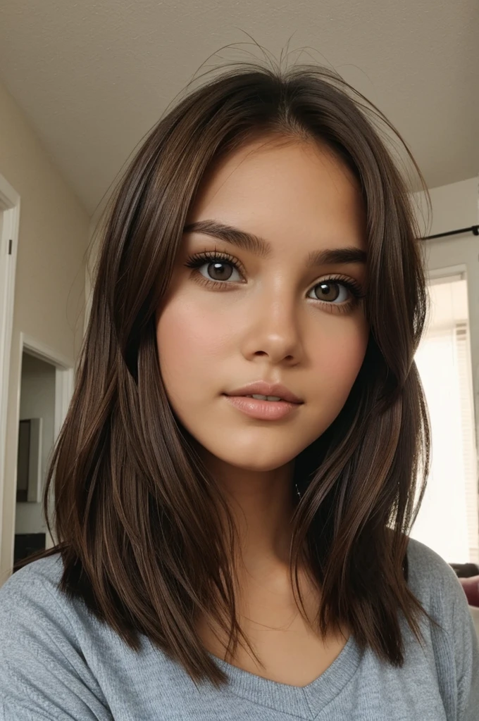 Girl with brown hair and brown eyes inside room 