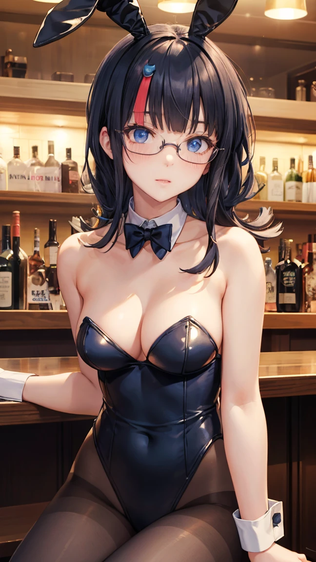 masterpiece, great quality, ultra detail, illustration, game cg, 1girl, solo, (FGOErice), collarbone, cleavage, blush, bunnygirl, bunny ears, detached collar, wrist cuffs, pantyhose, strapless leotard, in a club, in a bar, sitting, glasses