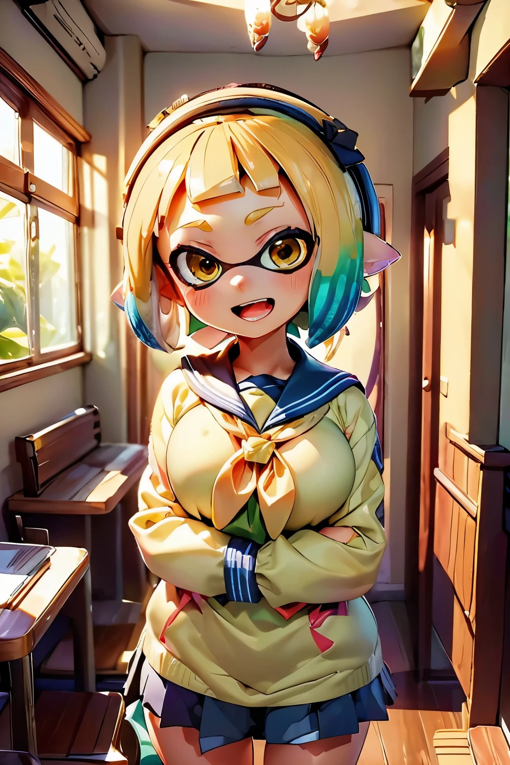 (high quality, 8k, 4K, High Contrast, masterpiece:1.2, 最high quality, Best aesthetics), Real Anime、3d、 ((4 Splatoon Girls))、 ((Four women in sailor suits posing sexy)), Beautiful woman face, A slightly thinner face、blush、Golden Eyes、Colorful tentacle hair color, Finer details, school harem, A lot of light comes in through the windows, Open Mouth Smile、Happy,