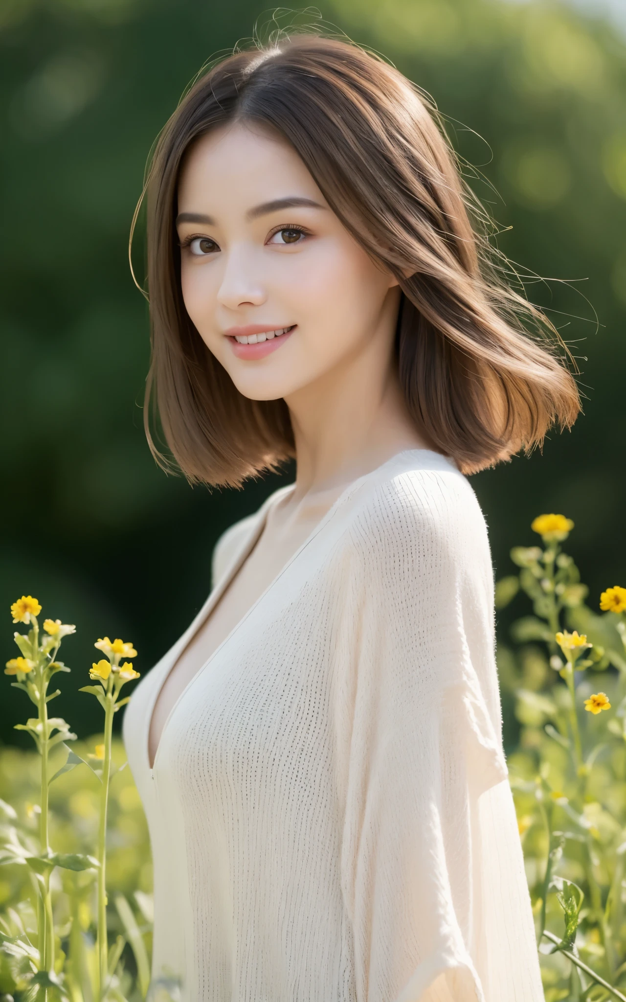Top quality, realistic, perfect human body structure, very detailed, very delicate and beautiful, RAW photography, Enchanting meadow with wildflowers, professional lighting, luminescence, depth of field, single focal, ((full body)), smile, brown hair, small head, big breasts, baby face, beautiful eyes, real face, realistic skin, detailed eyes, (fashionable hairstyle: 1.3), gravure idol, absurderes、Incredibly Ridiculous res、Extremely fine,