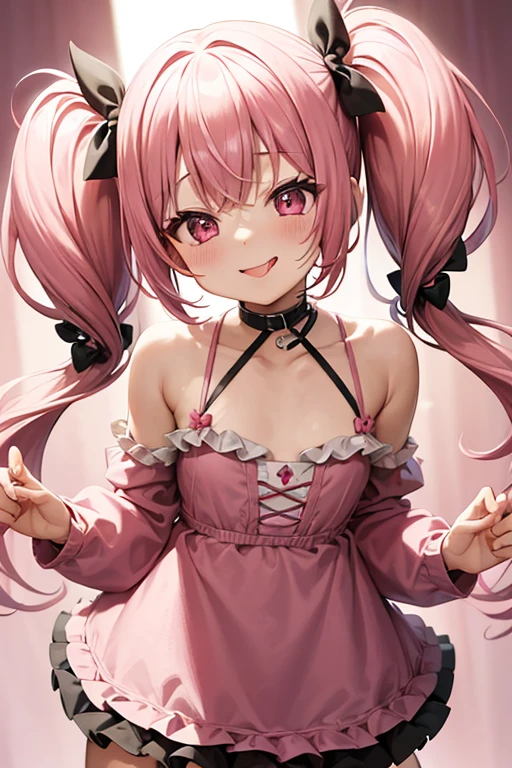 Twin tails、Pink Hair、Wavy Hair、Slanted Eyes、pretty girl、Spoiled brat、Little devil、Thin chest、Sticking out tongue、Long and cute tongue、Ruffled clothing、smile