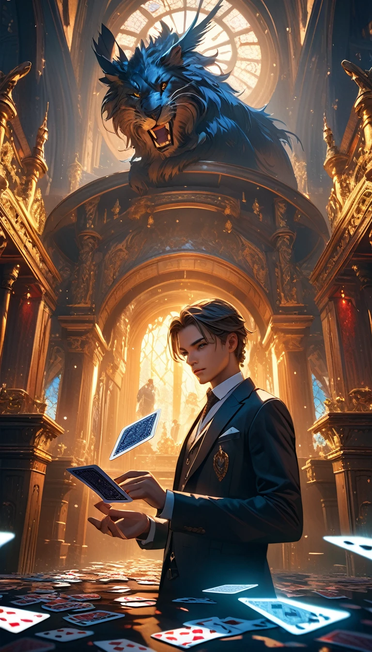 Floating card tricks in a fantasy world, Cinematic lighting with dramatic shadows, Exquisite details and atmospheric atmosphere, Rich colors and masterpiece-level realism, Highly detailed 8K HDR images.Modern attire