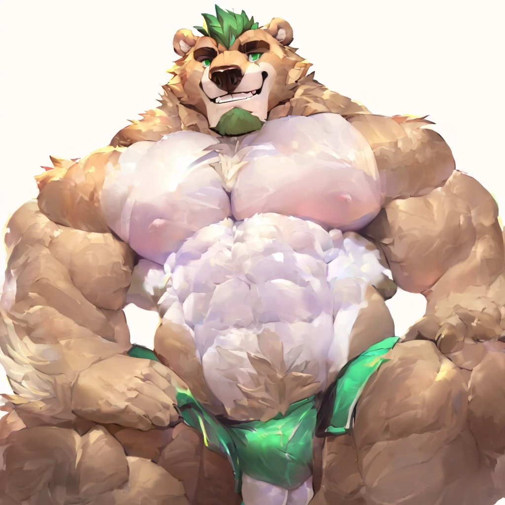 a caramel brown, muscular grizzly bear, green hair, green eyes, brown fur, closed smile, himbo body, nsfw, high quality furry art.