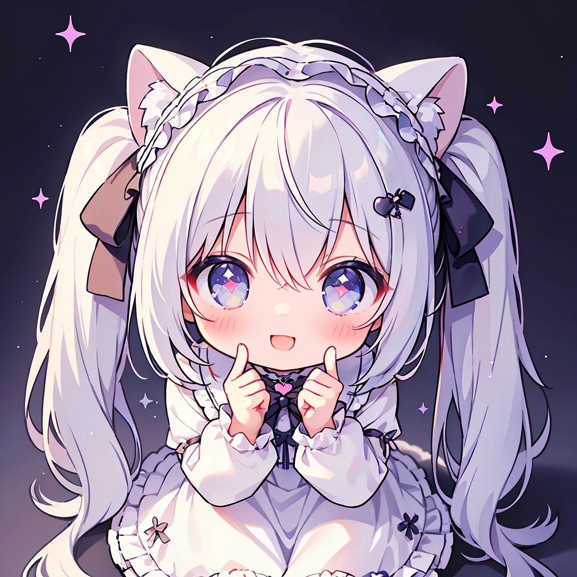 masterpiece, Highest quality, Highest Resolution、One Girl、from above, Looking up、full body、pastel colour、Gothic ta、Heart with fingers、Cute Dresses、Sparkling eyes、A smile that will captivate you、White background、Very long twin tails、Sitting、Looking at me、