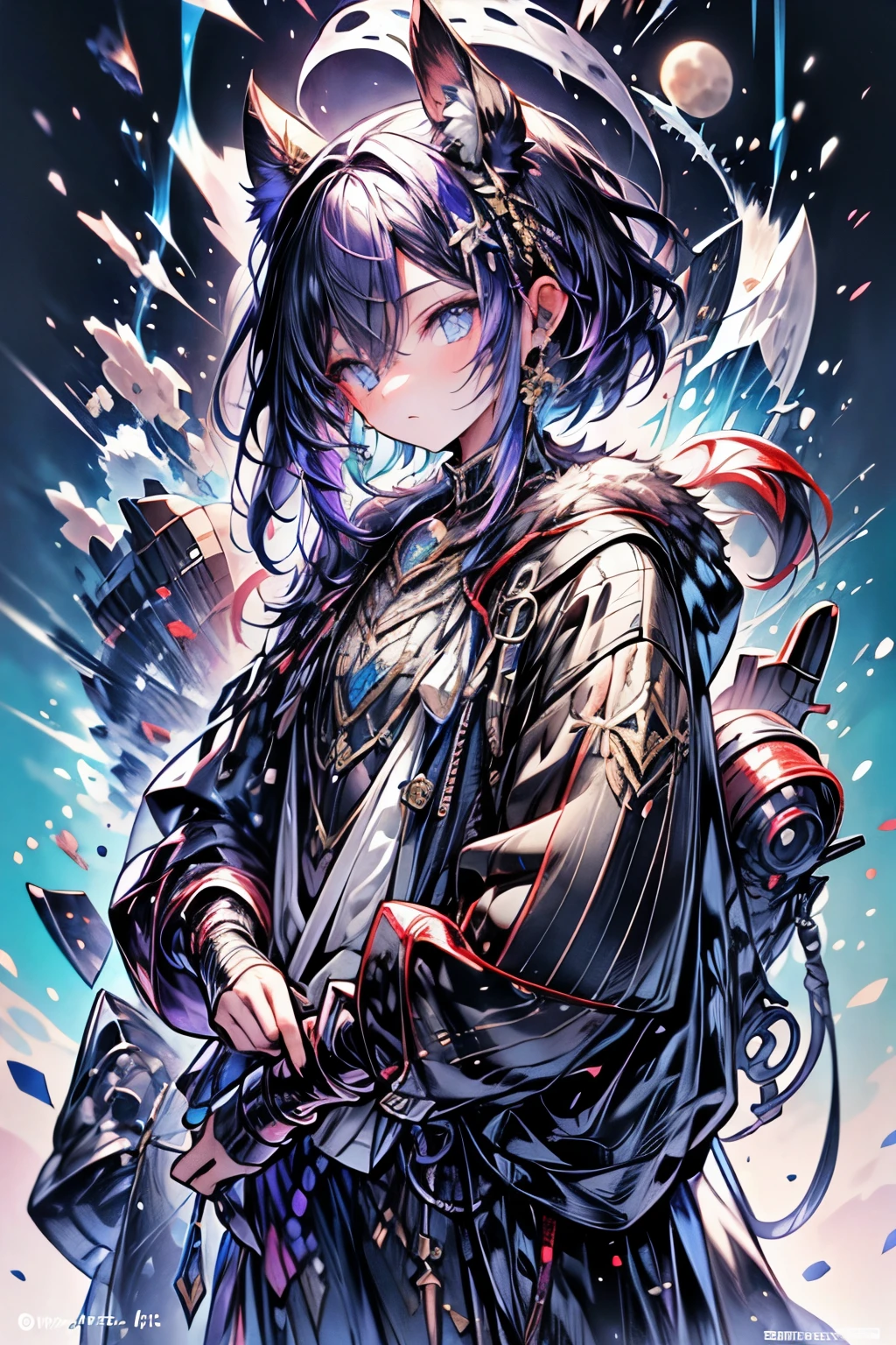 High resolution, masterpiece, Highest quality, One boy、Only one person、Embarrassed、Purple Hair、Inner colorlight blue、Gradient color hairstyle, Diagonal bangs, Asymmetrical bangs, short hair、Asymmetrical Short、slacks、Wear warm clothes、Odd Eye、Attractive eyes、20-year-old、adult、headphone、music、magic、fallen Angel、Fantasy、moonlight、Moon God