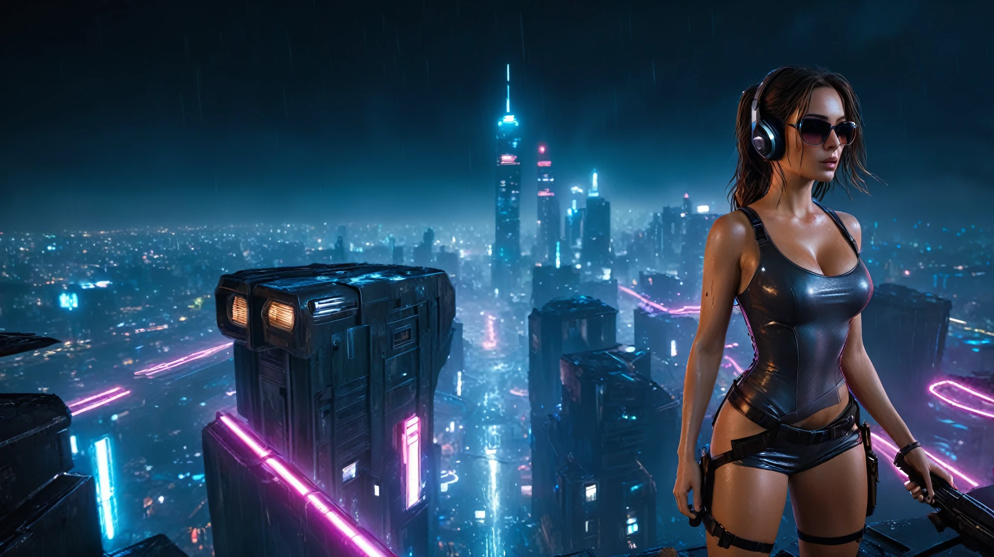 (aerial view, a flying cars docking platform, a very dark abandoned futuristic city, neon lights), rainy night. A girl as Lara Croft, solo, alone, large-breast:1.2 slim body, cleavage:1.1, sexy wind blowing wet dress:1.4, (headphone, black sunglasses), (((((she raised:1.8 a pistol:1.8 and took aim at viewer))))), dynamic pose, (((half-body thigh level medium shot))), cinematic lighting, lens flare, ray tracing.